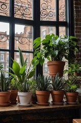 Poster - indoor plant arrangement by large window with decorative ironwork during daylight hours