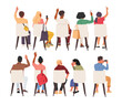 © Anna Syvak - Back view of people cartoon characters sitting on chairs with raised hands participating at seminar