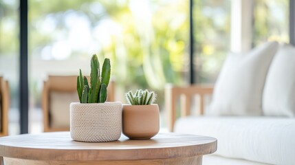Poster - indoor plants in modern decor enhance ambiance of bright living space near large windows and soft fu