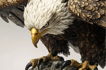  Detailed close up of a majestic bald eagle statue perched on a rocky surface with intense gaze