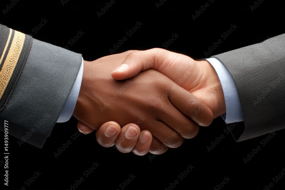 Two individuals shake hands, showcasing unity and collaboration. One person is in a formal suit while the other wears a uniform, indicating a partnership or agreement.