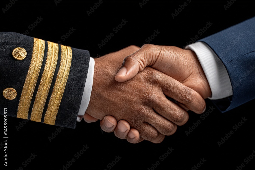 Two hands clasp in a firm handshake, symbolizing cooperation and mutual respect, dressed in formal attire, with one hand featuring a military uniform. The setting suggests a significant agreement.