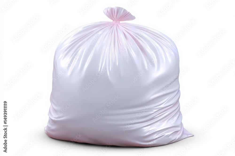 A large white garbage bag sits prominently, tied at the top, ready for waste disposal. Its presence suggests a routine clean-up effort in a tidy space.
