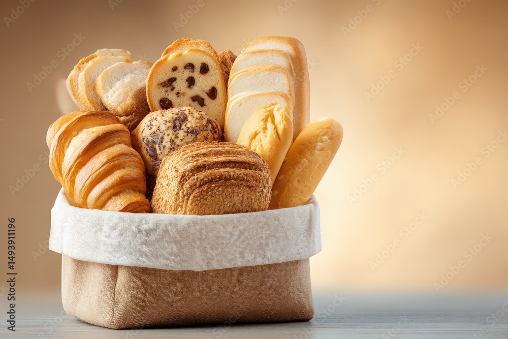 An assortment of various baked goods is neatly arranged in a woven basket. The basket, placed on a wooden surface, showcases cookies, pastries, and bread with a warm, soft background.