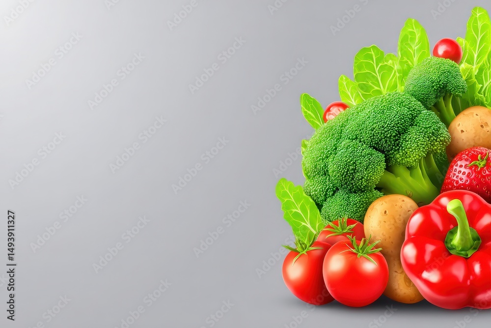 A vibrant arrangement displays an assortment of fresh vegetables and fruits featuring tomatoes, broccoli, lettuce, red bell peppers, potatoes, and strawberries.