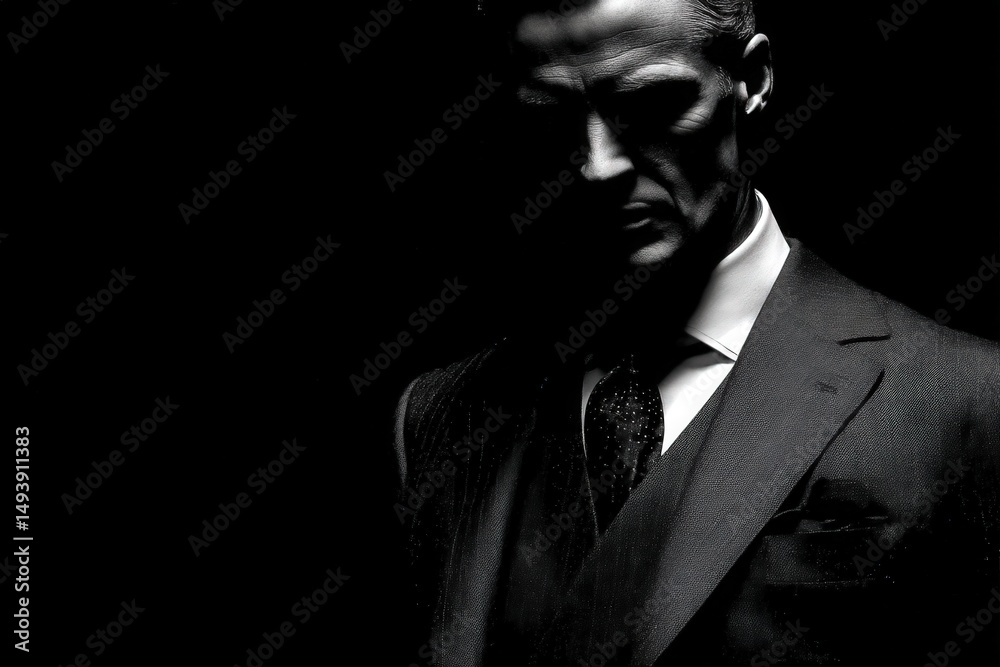 A man in a formal black suit stands in dim lighting, creating a striking silhouette. His expression is serious and contemplative, evoking a sense of intrigue and elegance.