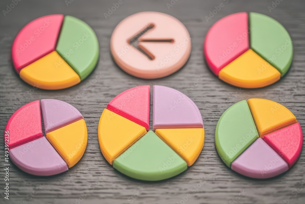 Brightly colored pie charts in green, yellow, pink, and purple are set on a wooden table. These tools aid in teaching fractions or math concepts, ideal for educational activities or games.