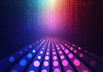 Poster - Abstract digital pathway.  Multicolored light beams,  dots, and  particles  fall,  converging into  a  central  pathway