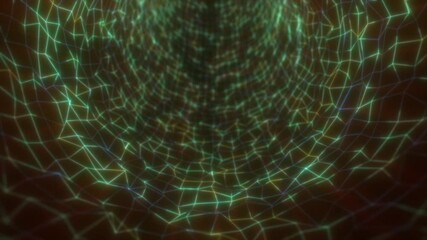 Poster - digital green mesh tunnel on brown background, forming a fluid web of luminous geometric lines