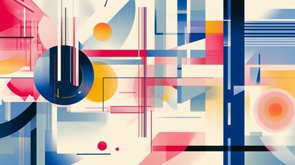 Aufkleber - Geometric Abstract with Circles, Lines, and Colorful Overlapping Shapes