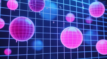 Aufkleber - Abstract 3D rendering of spheres floating on a grid in a dark space