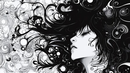 Aufkleber - Abstract portrait of a woman with flowing hair in black and white art