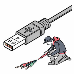Poster - Man repairing a usb cable connection problem
