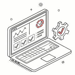 Poster - Laptop screen displaying graphs checkmarks and a gear with a checkmark signifying project completion