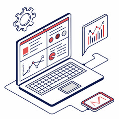 Poster - Professional isometric laptop with data analytics charts on a white background