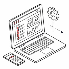 Poster - Laptop computer screen showing data analytics progress checklists gear smartphone