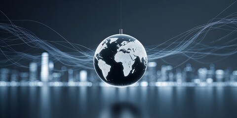 Poster - Modern globe with city skyline background represents global connectivity and technology in urban environments at night