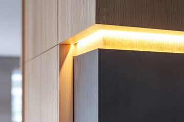 Poster - Wood panel corner with hidden warm light creates a soft glow, modern design