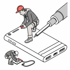 Poster - Professional smartphone repair technicians working on device with transparent background