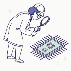 Poster - Engineer inspecting microchip with magnifying glass detailed illustration