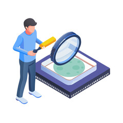 Poster - Man inspecting moon on microchip with magnifying glass isometric illustration