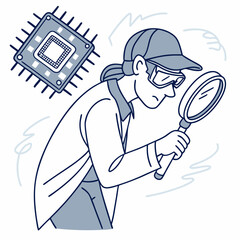 Poster - Professional illustration of scientist inspecting microchip with magnifying glass on white background