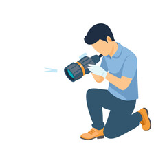 Poster - Professional photographer kneeling with camera on white background