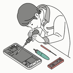 Poster - Technician repairing smartphone screen with precision tools on white background