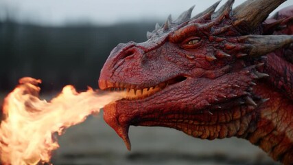 Poster - Red dragon exhaling fiery breath in dramatic cinematic close-up.