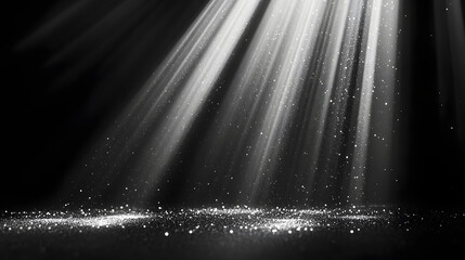 Wall Mural - Mystical Black Scene with Radiant Light Beams and Shimmering Dust Particles Perfect for Cinematic Stage Design