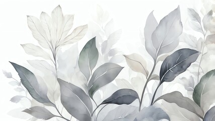 Wall Mural - serene watercolor botanical leaves: a tranquil grey and beige floral artwork