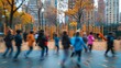 © Sara - A group of children running and playing in a park on a fall day. The playground is surrounded by trees and buildings.