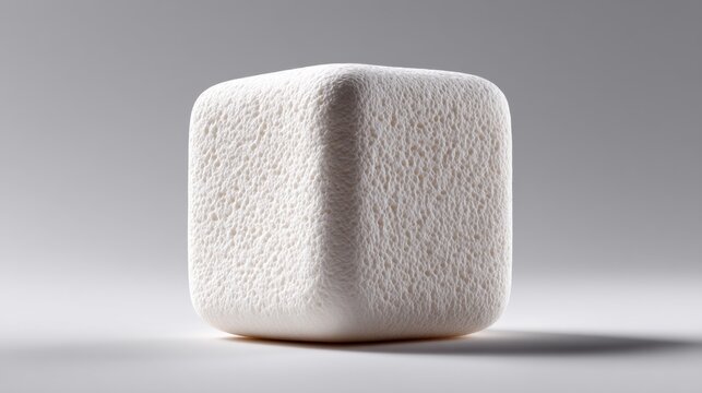 A single, textured white cube stands alone, casting a subtle shadow on a neutral background setting.