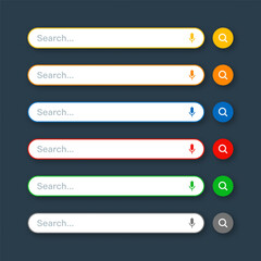 Fototapete - Various search bar templates. Internet browser engine with search box, address bar and text field. UI design, website interface element with web icons and push button. Vector illustration