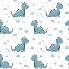 Wall Mural - Childrens cute animals pattern. Funny dino illustration on white. Vector background