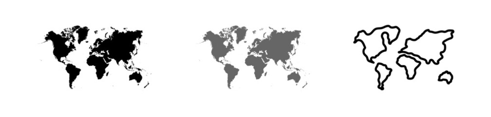  World Map Outlines in Black, Gray, and Sketch on White Background