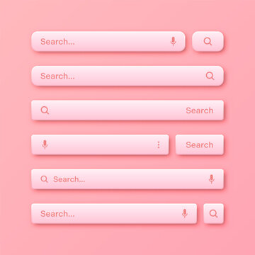 Colorful 3d search bar templates. Internet browser engine with search box, address bar and text field. UI design, website interface element with web icons and push button. Vector illustration