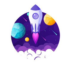 Wall Mural - Rocket launch, space futuristic colorful background with planets and stars. Cartoon starship, spaceship in night sky. Solar system, galaxy and universe exploration. Vector illustration