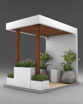 Modern minimalist pavilion with plants, architectural rendering, studio shot, contemporary design, indoor greenery, display