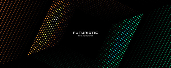 Poster - Orange green circles techno background. Dotted lines effect on dark space. Elegant banner with particle decoration. Modern graphic design element dots style concept for web, card, or brochure cover