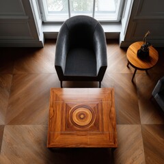 Poster - Overhead shot of elegant living room with wooden furniture and herringbone floor in natural light