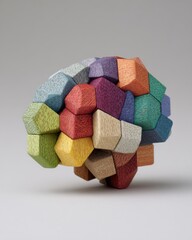 Poster - Wooden Brain Model Displayed on White Backdrop in Studio Setting Symbolizing Intelligence and Creativity