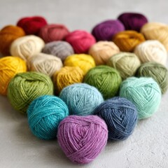 Fototapete - Colorful yarn balls arranged in heart shape on gray surface close up still life craft hobby knitting wool threads