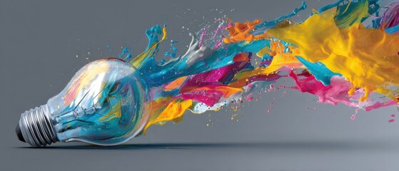 Poster - Lightbulb bursting with vibrant paint colors representing creative ideas and innovation in a studio setting with a gray background