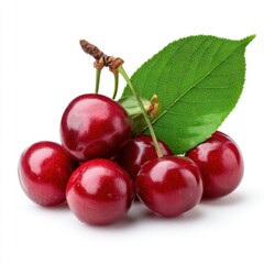 Aufkleber - Close up studio shot of fresh ripe cherries with green leaf on white background healthy eating concept