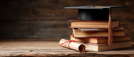 Aufkleber - Graduation Cap on Stack of Old Books with Diploma Scroll on Rustic Wooden Surface Still Life