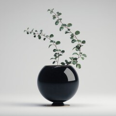 Aufkleber - Minimalist still life featuring a black speckled vase with delicate green leafy branches against a neutral background studio shot