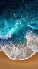 Poster - Aerial View of Ocean Wave Crashing on Sandy Beach Coastline; Turquoise Water Meets Shoreline; Tropical Paradise; Natural Beauty; Summer Vacation Destination; Serene Seascape
