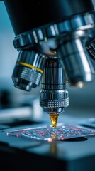 Poster - Close-up of microscope examining sample for scientific research in laboratory setting with blue lighting and shallow depth of field