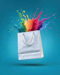 Aufkleber - Colorful paint explosion from white shopping bag on blue background studio shot creative concept vibrant splash art